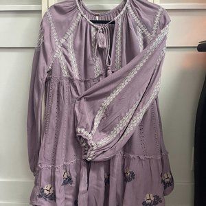 Free People Lavender Mini Dress with Embroidery, long sleeves